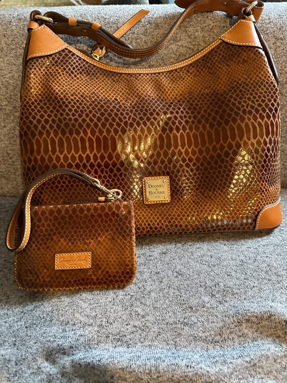Dooney & Bourke Brown Embossed Leather Shoulder Bag with Wristlet
